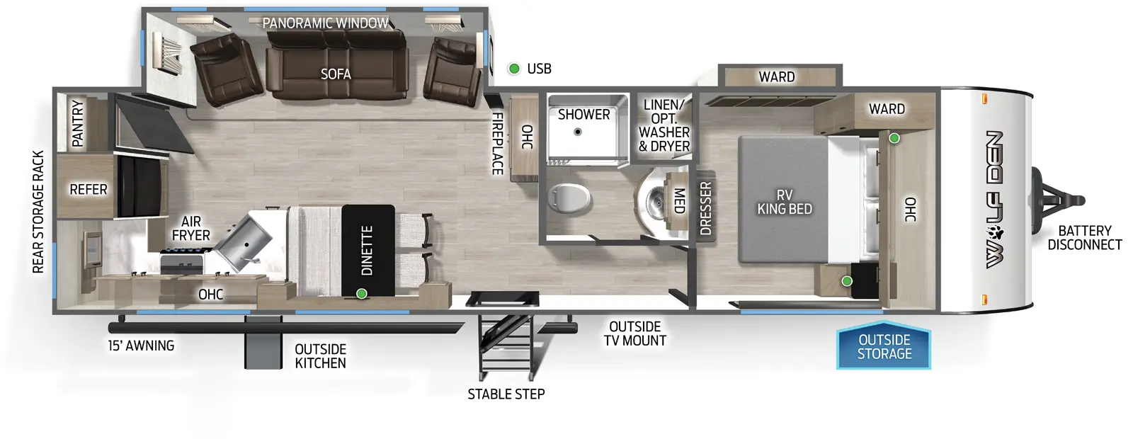 The Cherokee Black Label 271RKBL floorplan has one entry and two slide outs. Exterior features include: fiberglass exterior, 15' awning,  outside entertainment and outside kitchen. Interiors features include: front bedroom.